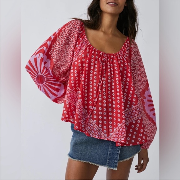 Free People Elena Red/Pink Cotton Floral Print Breezy Boho Long Sleeve S Small - Picture 2 of 13